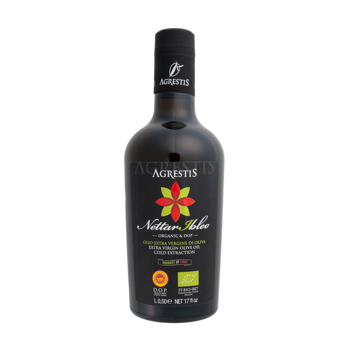 Nettar Ibleo DOP Bio-Olivenöl von Agrestis in dunkler Flasche mit roter und grüner Blüte auf dem Etikett.