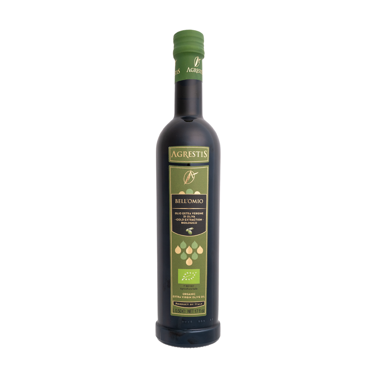 Natives Olivenöl Extra Bell’Omio Bio von Agrestis in dunkler Flasche mit grüner Kappe und dunkelgrünem Etikett.