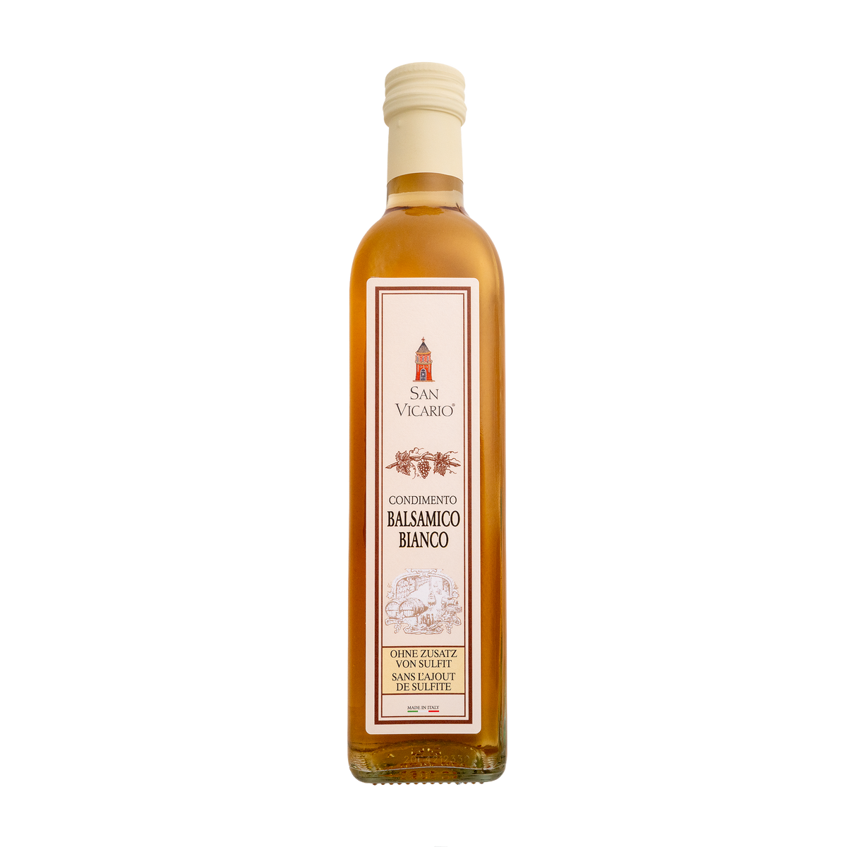 Condimento Balsamico Bianco von San Vicario in heller Glasflasche mit weißer Kappe.