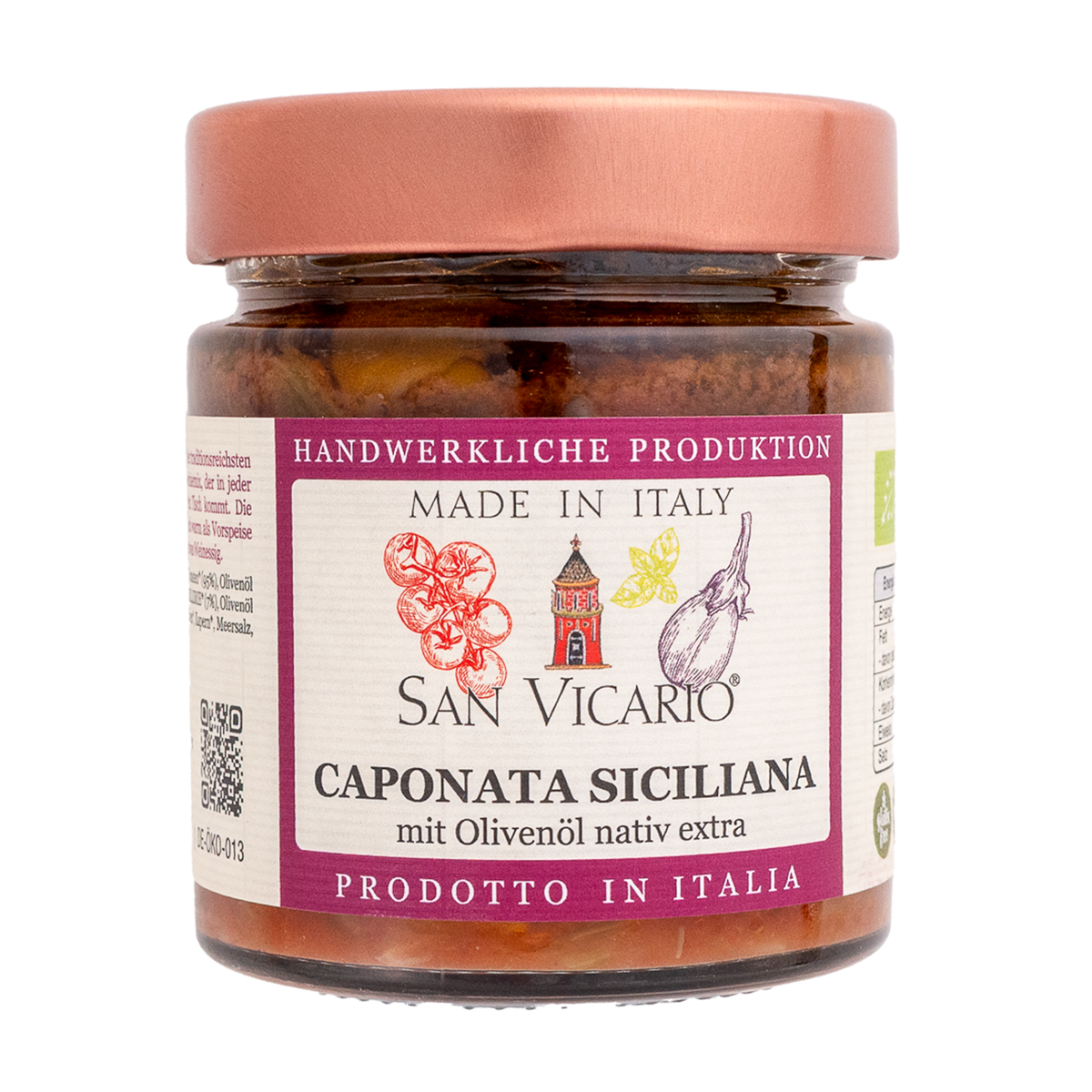 Caponata Siciliana von San Vicario im Glas mit rosafarbenem Deckel und violett gerahmtem Etikett.