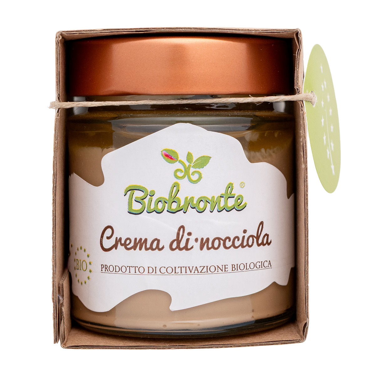 Crema di Nocciola von BIOBRONTE im Glas mit kupferfarbenem Deckel und brauner Kartonmanschette.