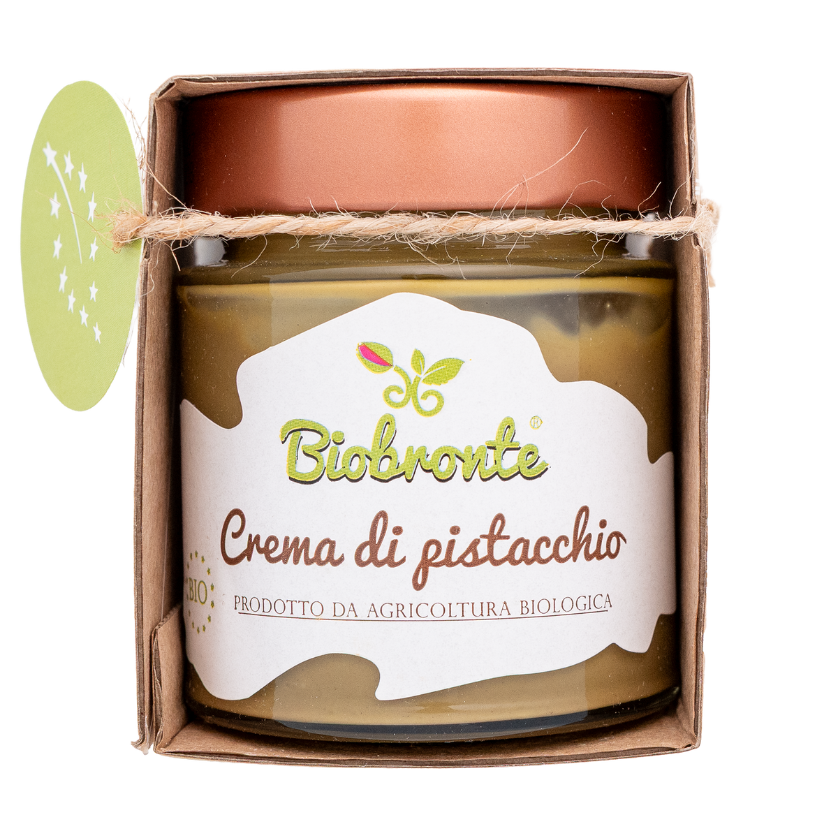 Crema di Pistacchio von BIOBRONTE im Glas mit kupferfarbenem Deckel und brauner Kartonmanschette.