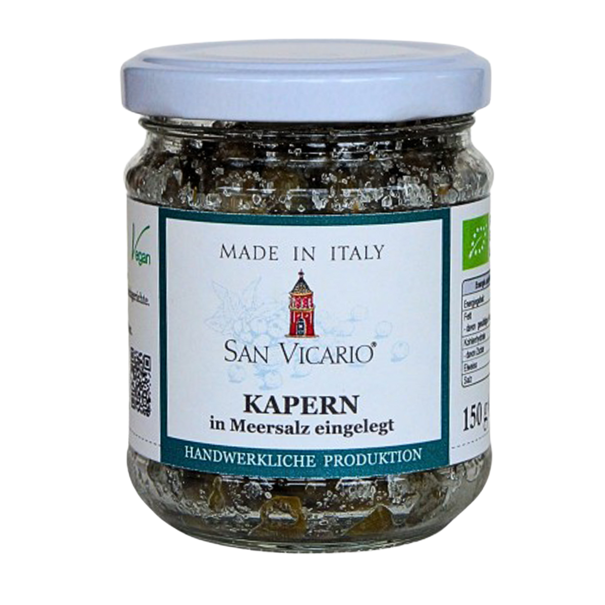 Kapern in Meersalz von San Vicario im Glas mit hellem Deckel und dunkelgrün gerahmtem Etikett.