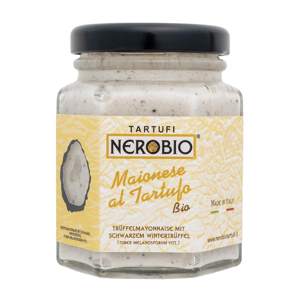 Trüffelmayonnaise von NERO BIO im eckigen Glas mit schwarzem Deckel und hellgelbem Etikett.