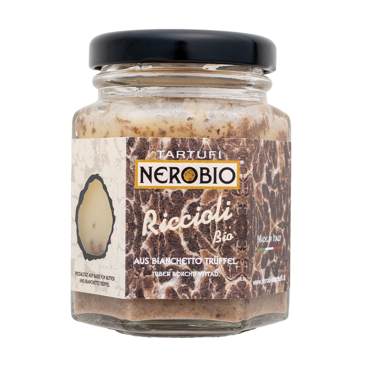 Trüffelbutter mit Bianchetto-Trüffel von NERO BIO im eckigen Glas mit schwarzem Deckel.