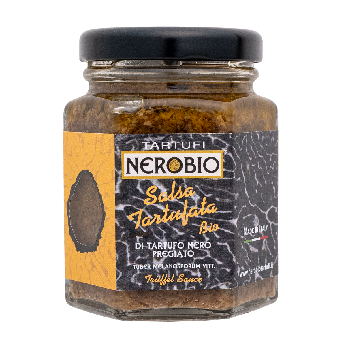 Trüffelsauce mit schwarzem Trüffel von NERO BIO im eckigen Glas mit schwarzem Deckel.