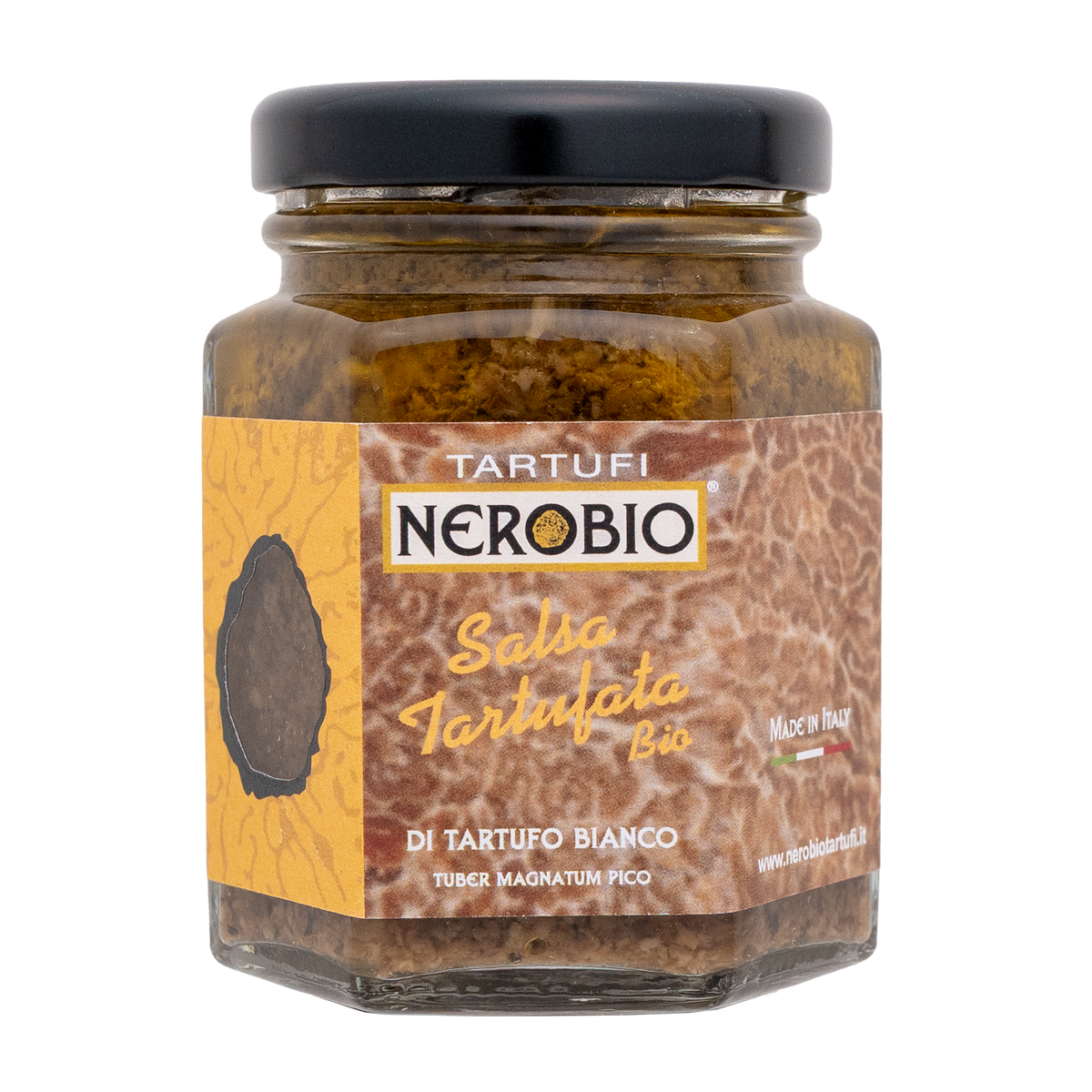 Trüffelsauce mit weißem Trüffel von NERO BIO im eckigen Glas mit schwarzem Deckel.