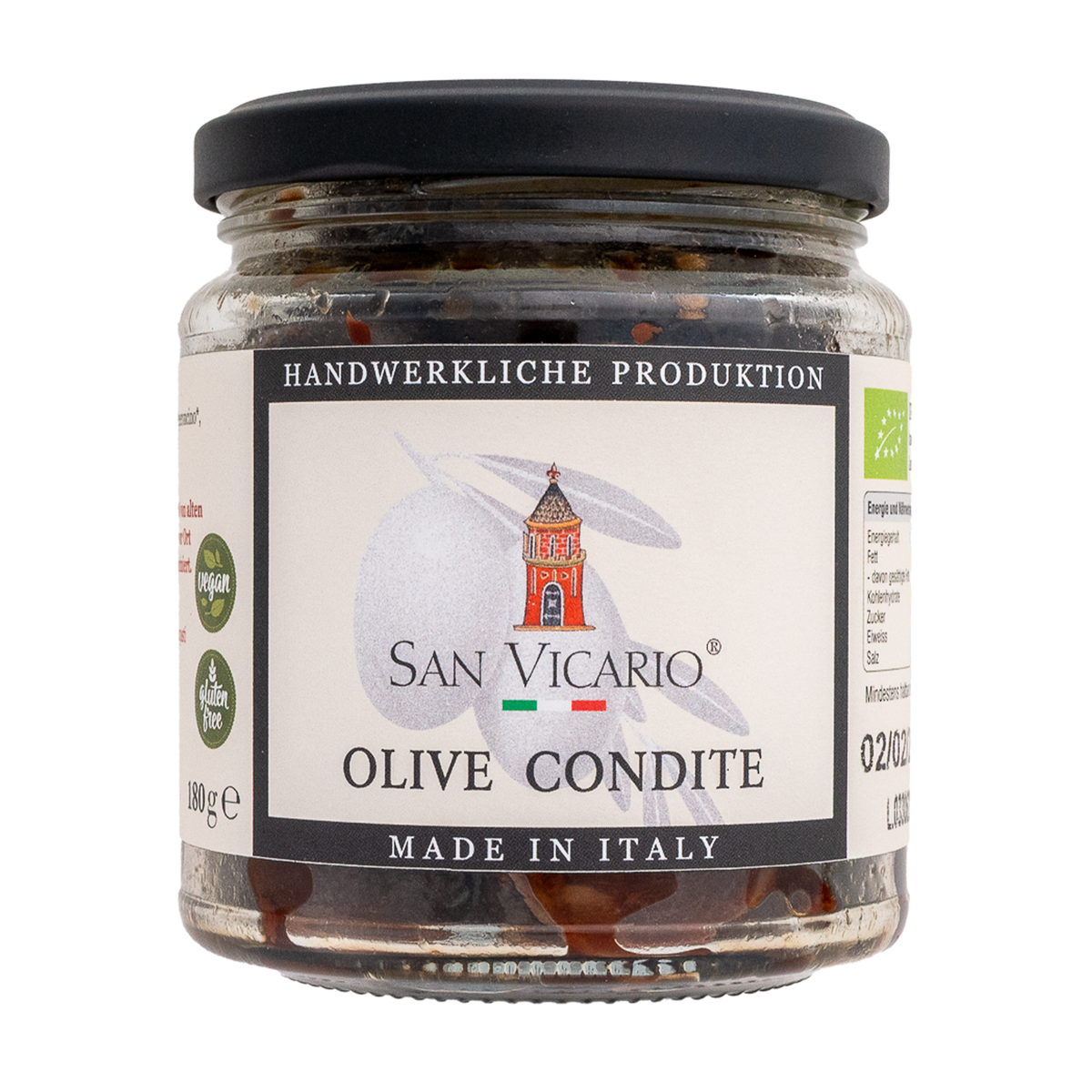 Glas San Vicario Olive Condite mit schwarzen Oliven und schwarzem Schraubdeckel.