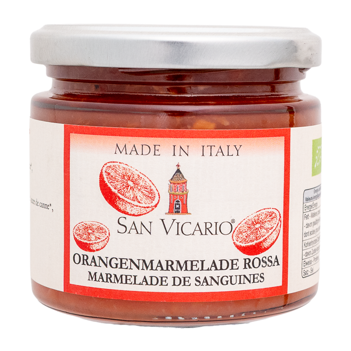 Blutorangenmarmelade Moro von San Vicario im Glas mit dunkelrotem Fruchtaufstrich und weißem Deckel.