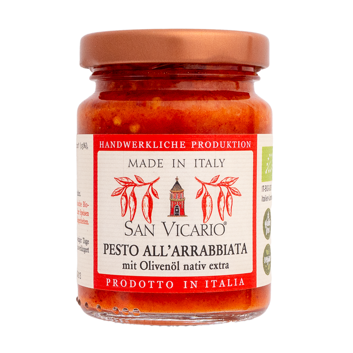 Pesto all’Arrabbiata von San Vicario im Glas mit rosafarbenem Deckel und rot gerahmtem Etikett.
