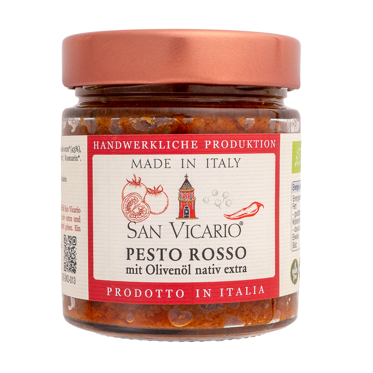 Pesto Rosso von San Vicario im Glas mit rosafarbenem Deckel und rot gerahmtem Etikett.