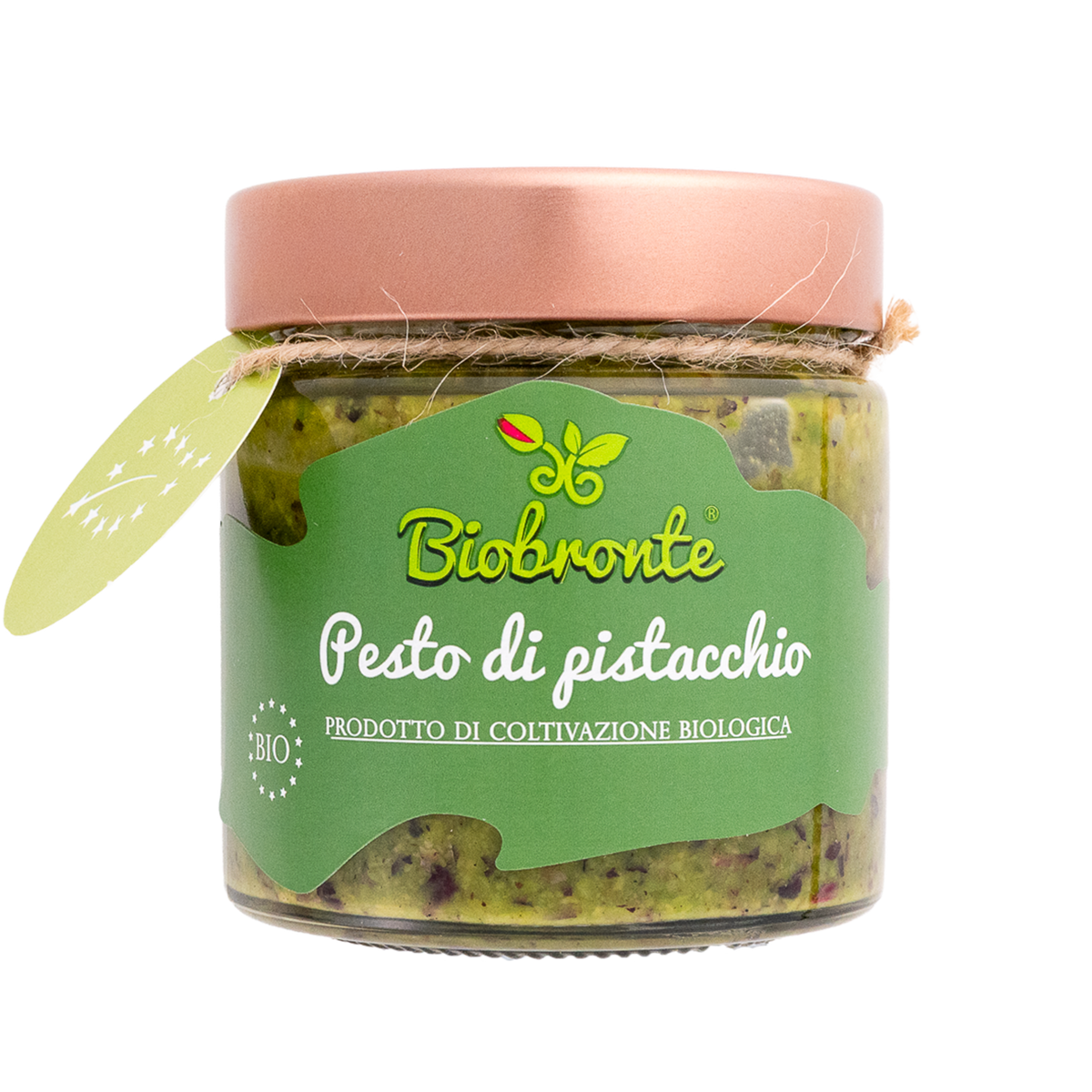 Pistazienpesto von BIOBRONTE im Glas mit rosafarbenem Deckel, grünem Etikett und Anhänger.