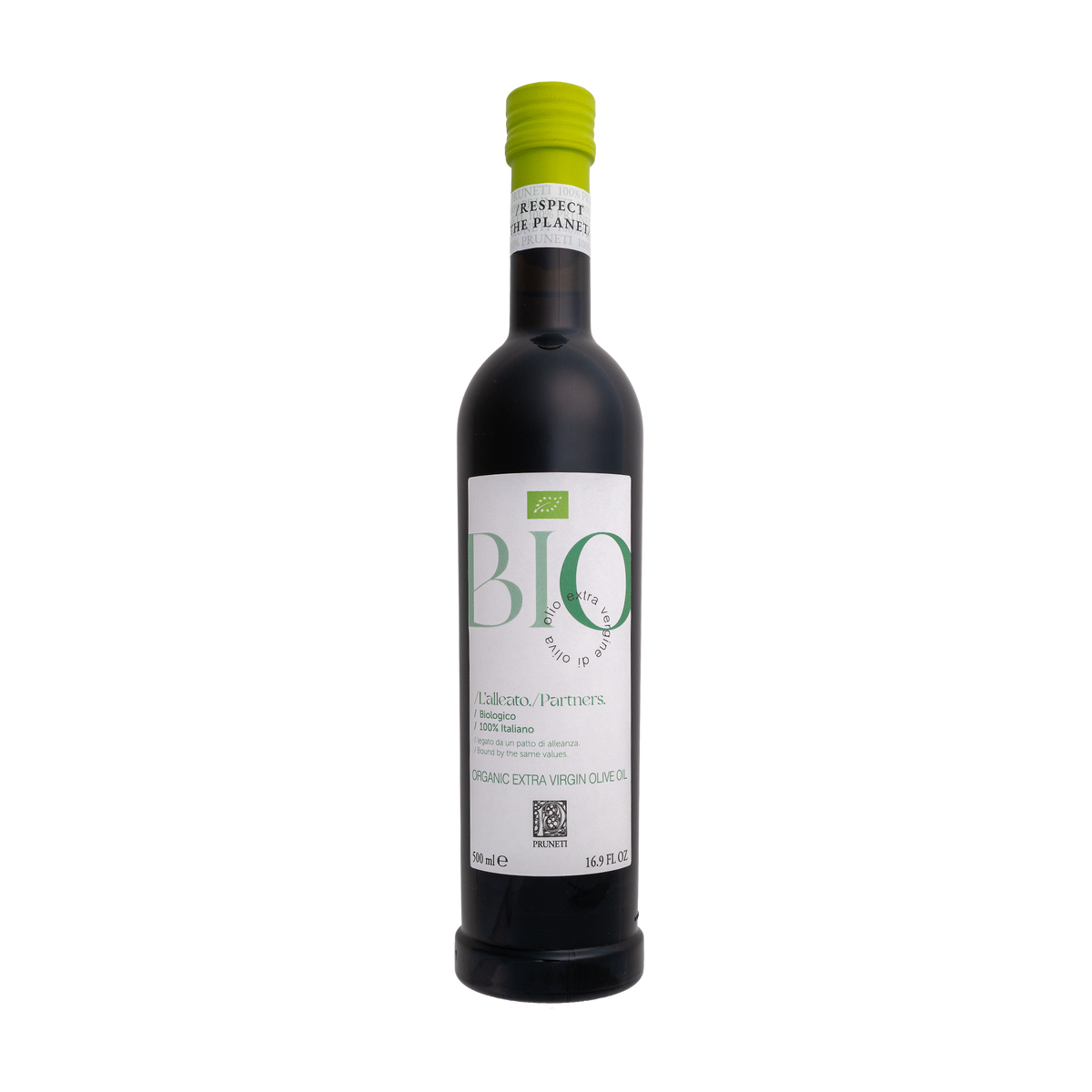 Natives Olivenöl Extra L’Alleato Bio von Pruneti in dunkler Flasche mit leuchtend grüner Kappe und weißem BIO-Etikett.