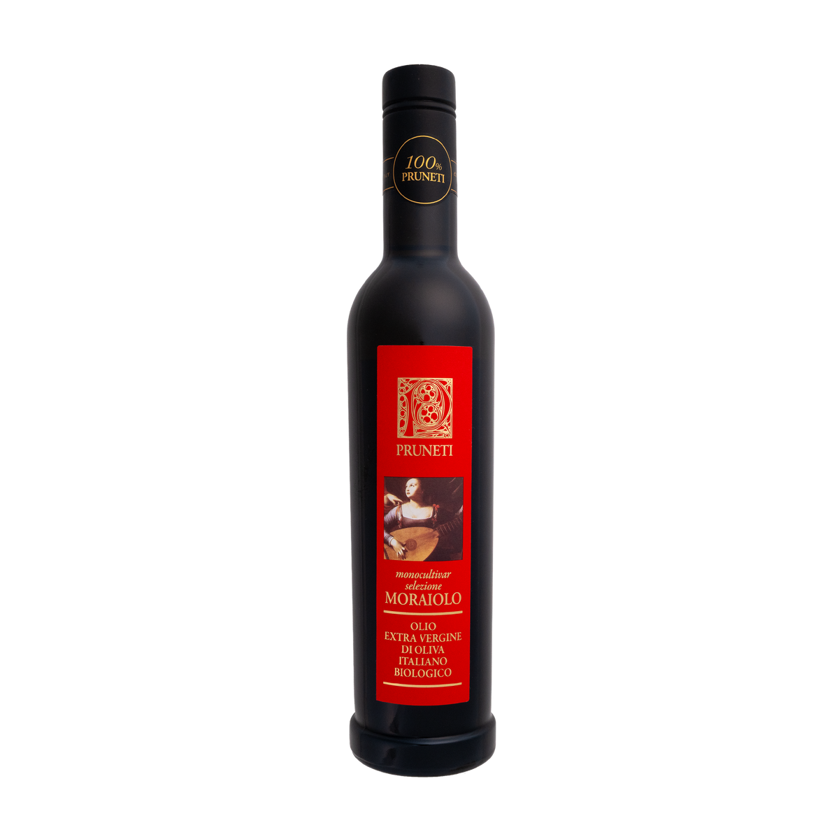 Natives Olivenöl Extra Moraiolo Bio von Pruneti in dunkler Flasche mit rotem Etikett und Gemäldemotiv.
