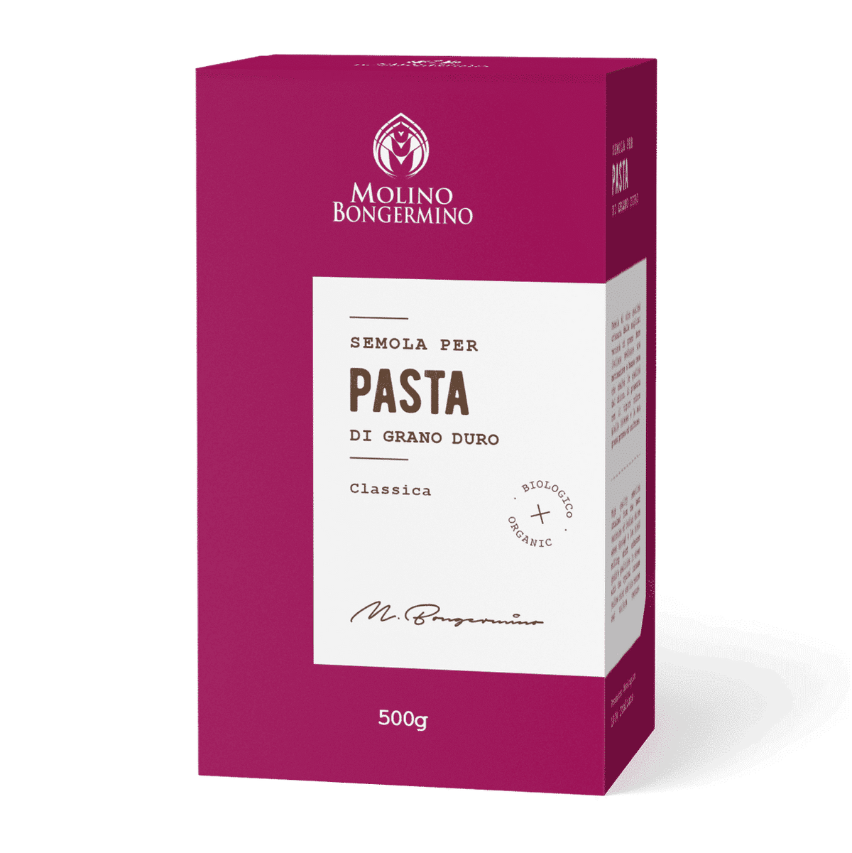 Hartweizen-Semola Pasta von Molino Bongermino in magentafarbener 500-Gramm-Kartonverpackung.