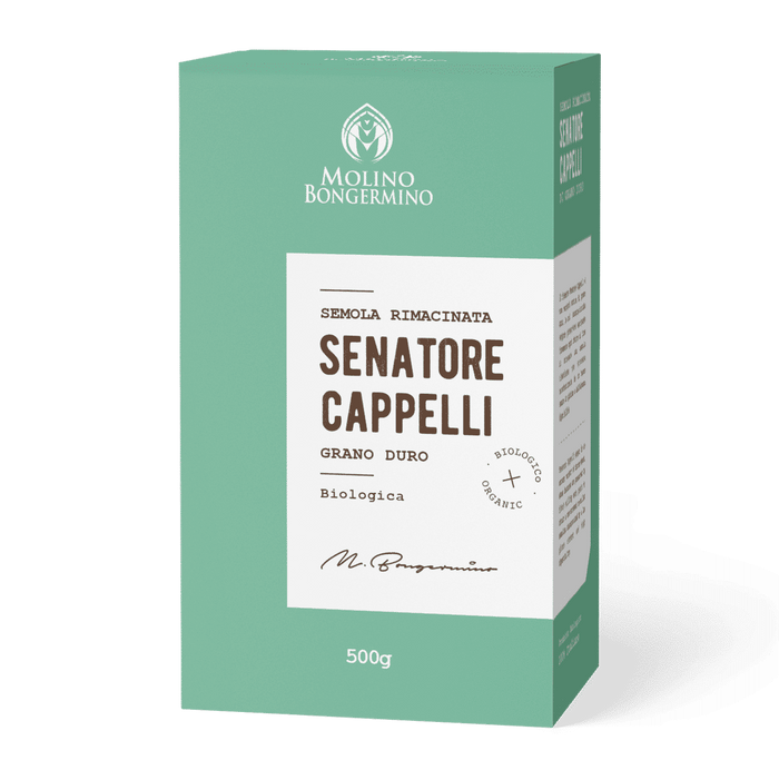 Semola Senatore Cappelli von Molino Bongermino in mintgrüner 500-Gramm-Kartonverpackung.