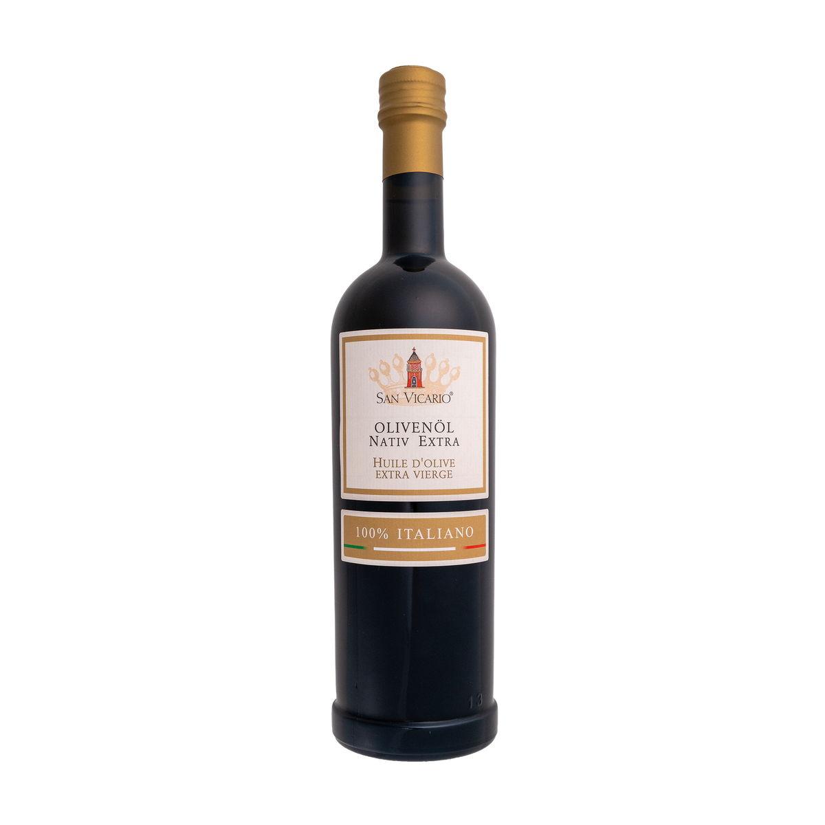 Sizilianisches Bio-Olivenöl 750 ml von San Vicario in dunkler Flasche mit goldener Kappe und weißem Etikett.