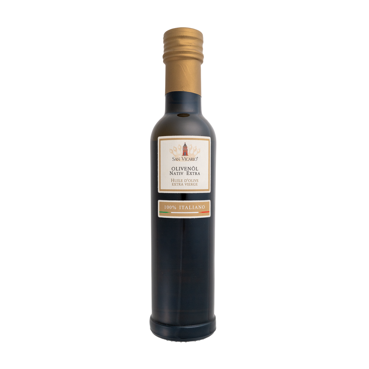 Sizilianisches Bio-Olivenöl 250 ml von San Vicario in dunkler, schlanker Flasche mit goldener Kappe.