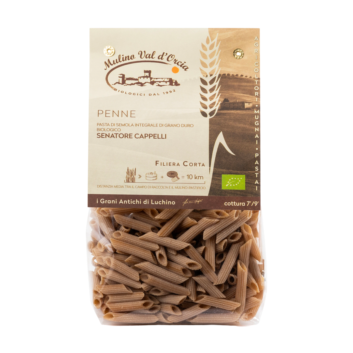 Penne Senatore Cappelli von Mulino Val d’Orcia in transparenter Tüte mit beige-brauner Banderole.
