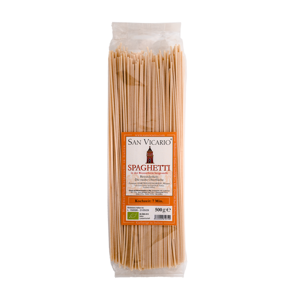 Spaghetti al Bronzo von San Vicario in transparenter, länglicher Pastatüte mit orangefarbenem Etikett.