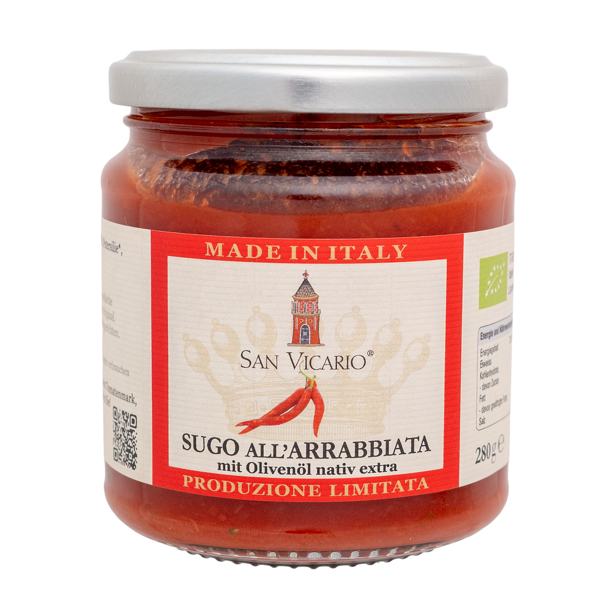 Tomatensauce all’Arrabbiata von San Vicario im Glas mit rotem Etikett und silbernem Deckel.