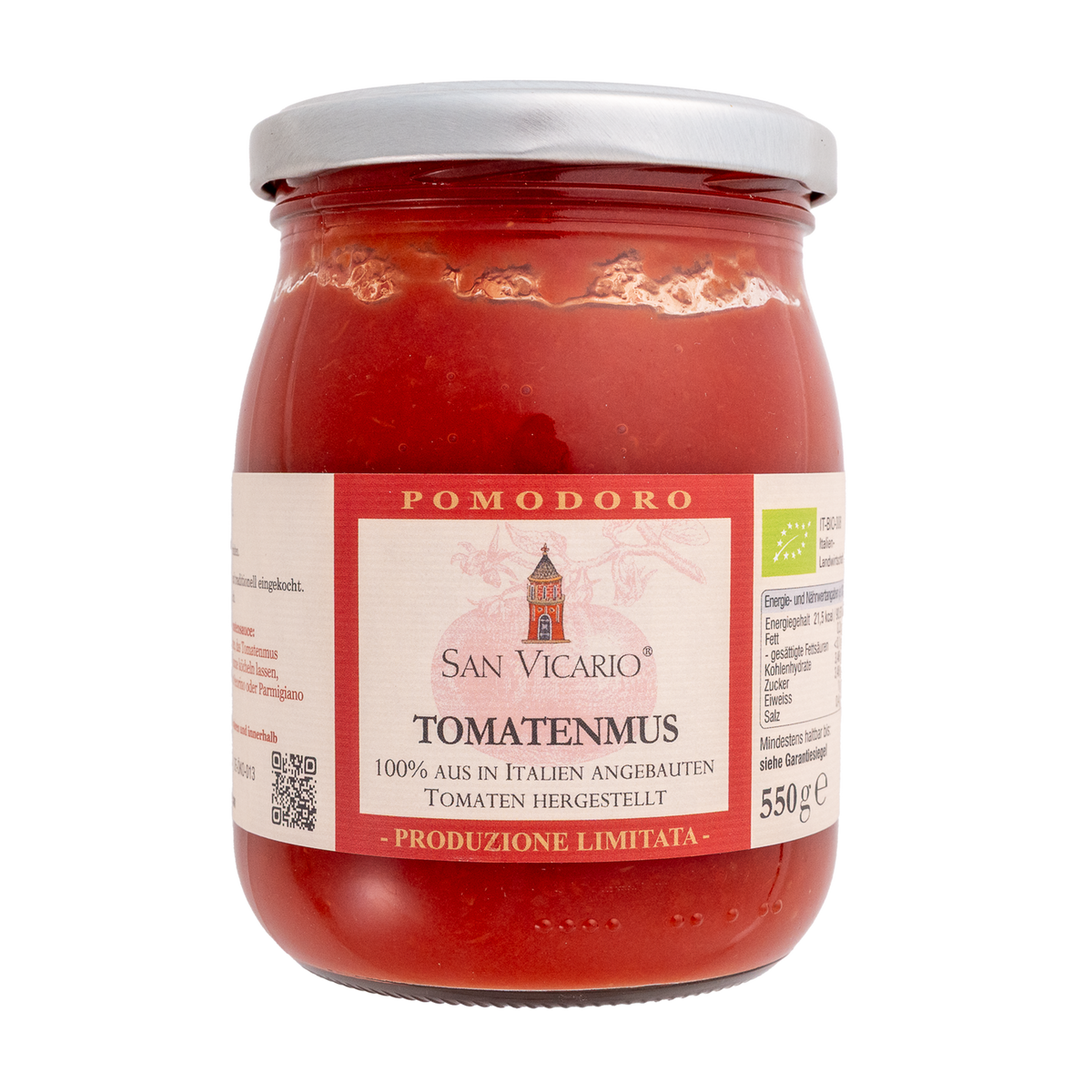 Tomatenmus 550 g von San Vicario im großen Glas mit rotem Etikett und silbernem Deckel.