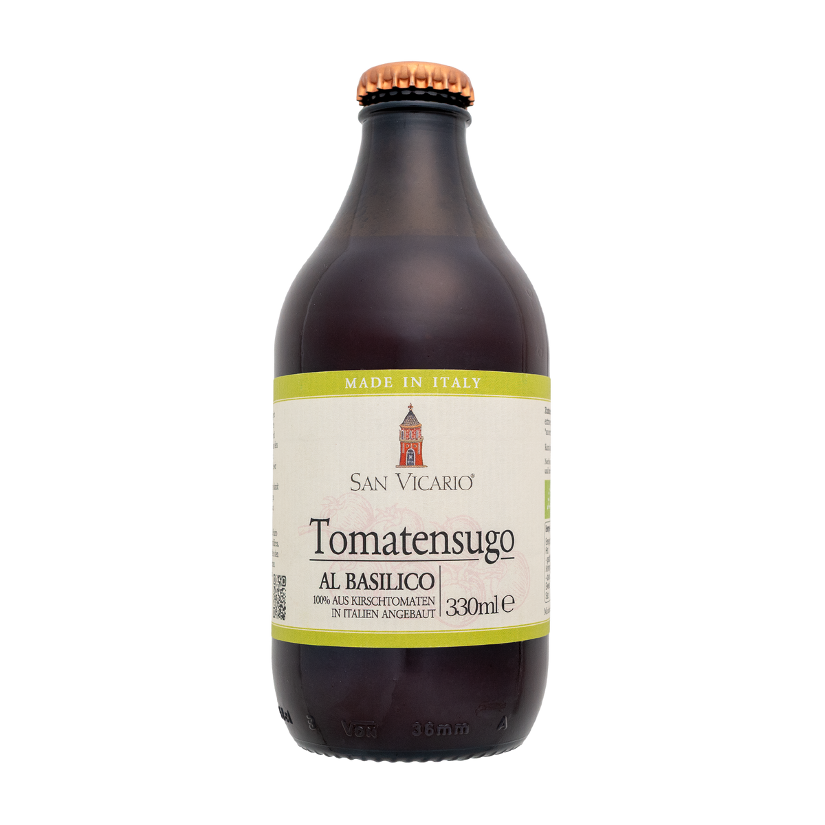 Tomatensugo Basilico von San Vicario in dunkler Glasflasche mit grün abgesetztem Etikett.
