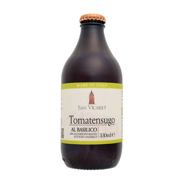 Tomatensugo Basilico von San Vicario in dunkler Glasflasche mit grün abgesetztem Etikett.
