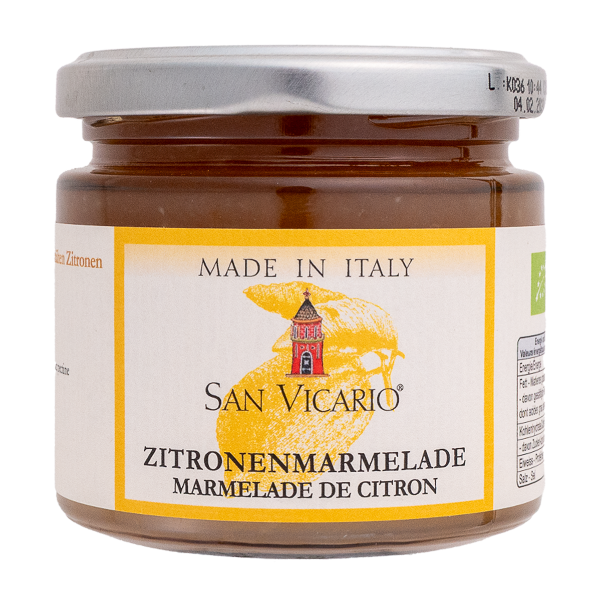 Zitronenmarmelade von San Vicario im Glas mit gelb gerahmtem Etikett und silbernem Deckel.