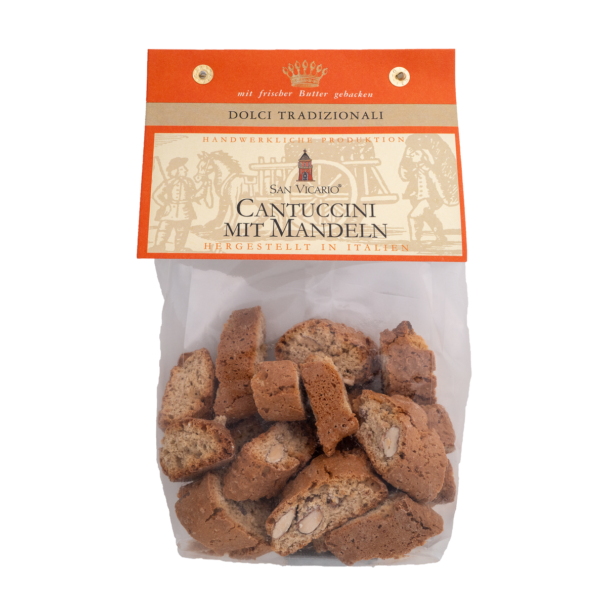 Cantuccini mit Mandeln von San Vicario in transparenter Tüte mit orangefarbener Banderole.