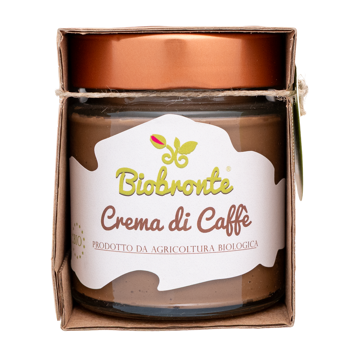 Crema di Caffè von BIOBRONTE im Glas mit kupferfarbenem Deckel und brauner Kartonmanschette.