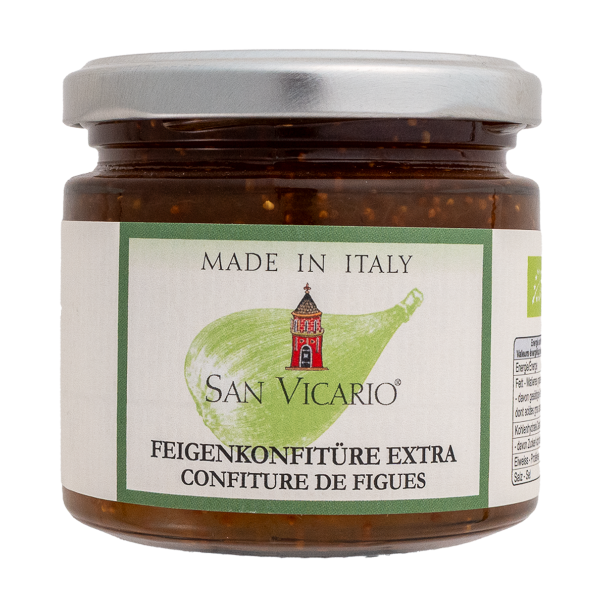 Feigenkonfitüre Extra von San Vicario im Glas mit grün gerahmtem Etikett und silbernem Deckel.