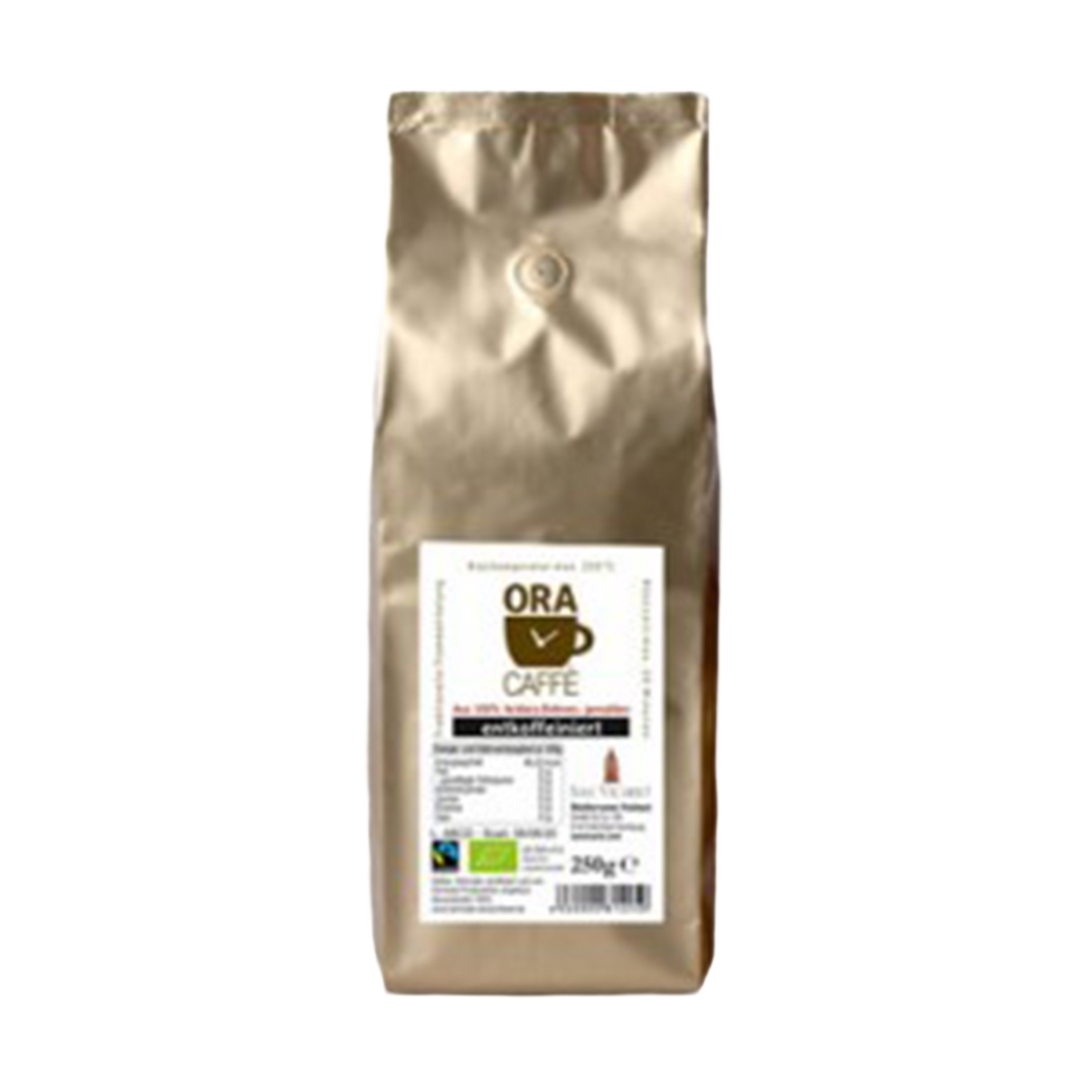 Entkoffeinierter ORA Espresso von San Vicario in silberfarbener Kaffeetüte.