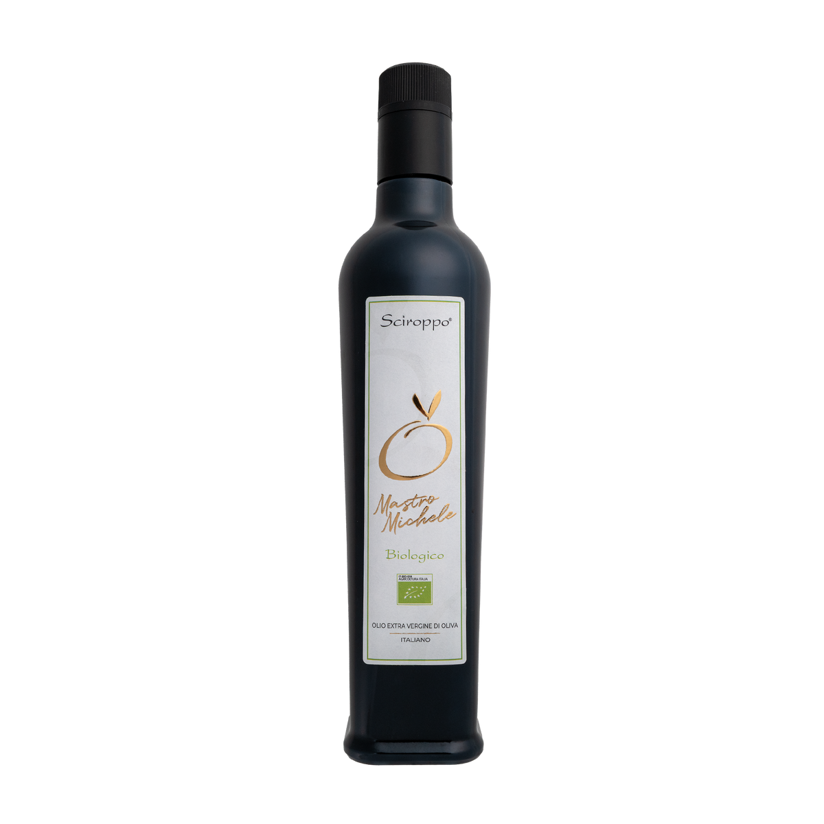 Olivenöl Mastro Michele Bio von Sciroppo in dunkler Flasche mit schmalem weißem Etikett und goldenem Olivenmotiv.