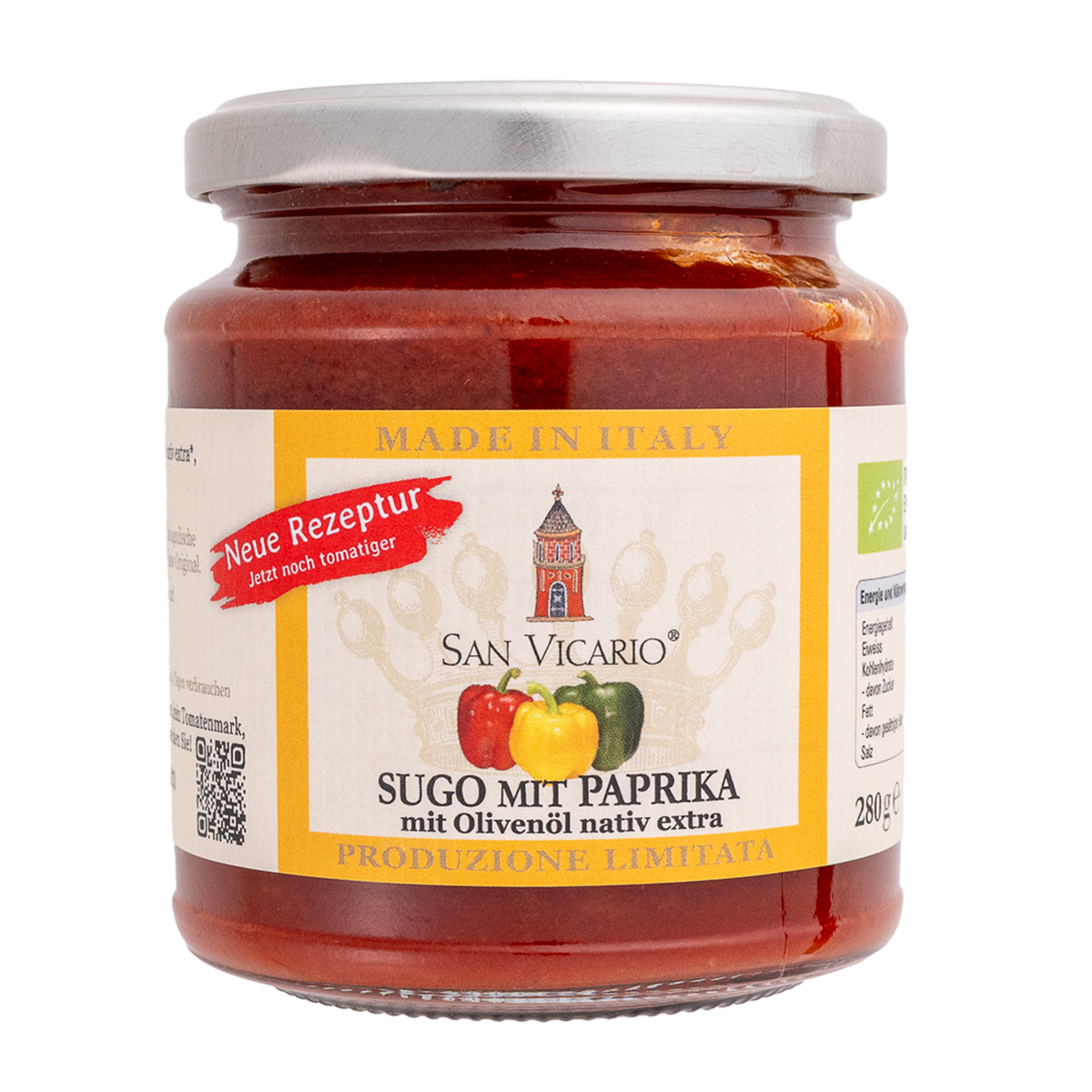 Tomatensauce mit Gemüsepaprika von San Vicario im Glas mit gelb gerahmtem Etikett und silbernem Deckel.