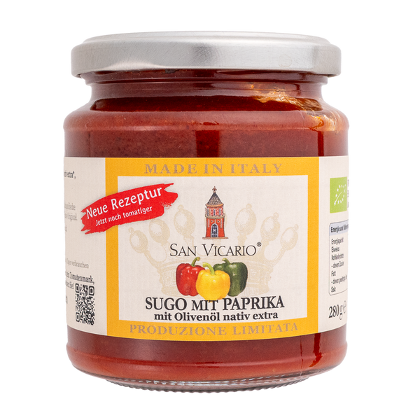 Tomatensauce mit Gemüsepaprika von San Vicario im Glas mit gelb gerahmtem Etikett und silbernem Deckel.