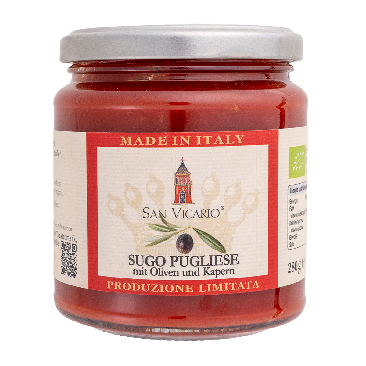 Tomatensauce Pugliese von San Vicario im Glas mit rotem Etikett und silbernem Deckel.